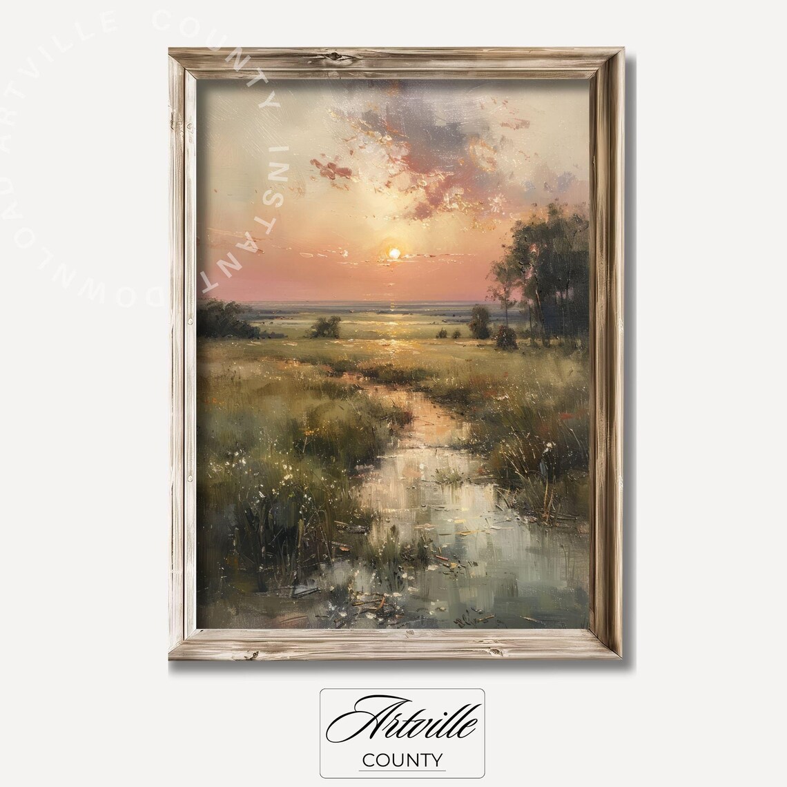 Golden Sunset Marsh Wetland Landscape Oil Painting Nature Wall Art