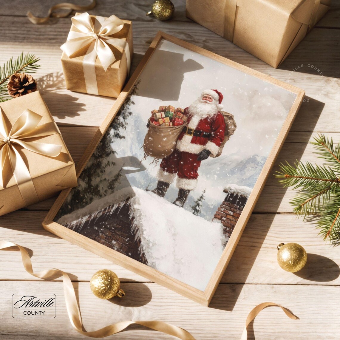 Santa Claus On Rooftop, Vintage Christmas Poster