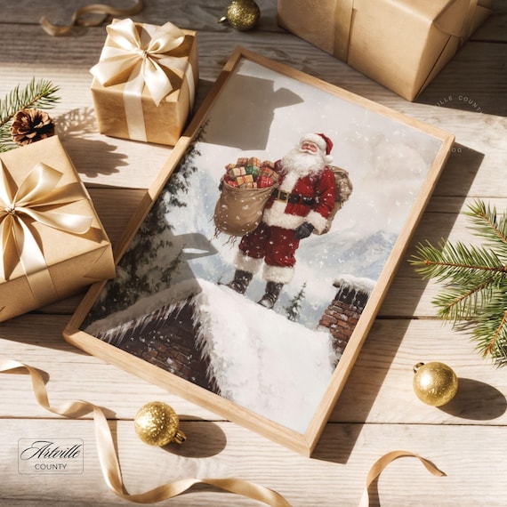 Santa Claus On Rooftop, Vintage Christmas Poster