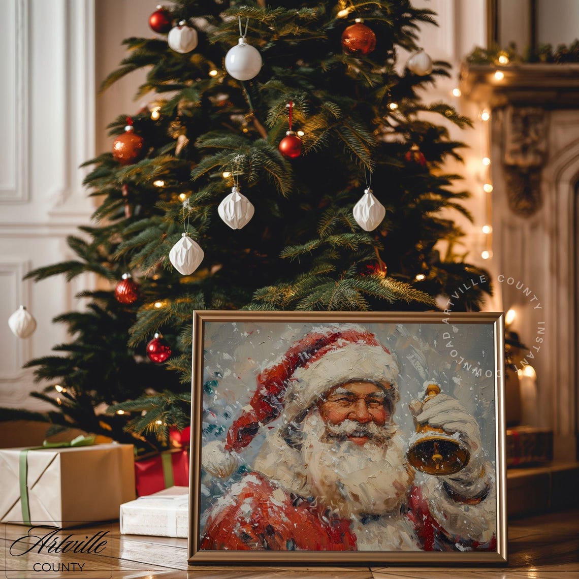 Jolly Santa Claus with Bell Snowfall Vintage Christmas Poster - Image 4