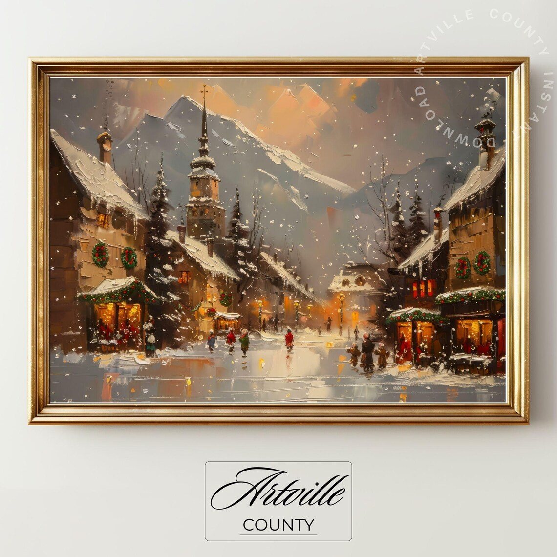 Snowy Christmas Village with Church Steeple Winter Scene Poster - Image 2
