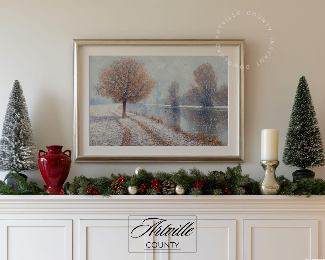 First Snow Dusting Autumn Trees River Mist Neutral Winter Scene Poster - Image 5