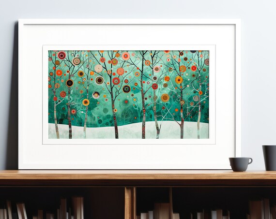 Whimsical Winter Forest With Colorful Circle Ornaments Snow Scene Print