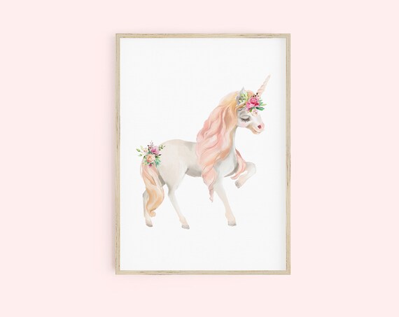 Blush Pink Watercolor Unicorn Floral Crown Magical Girls Nursery Wall Art Print