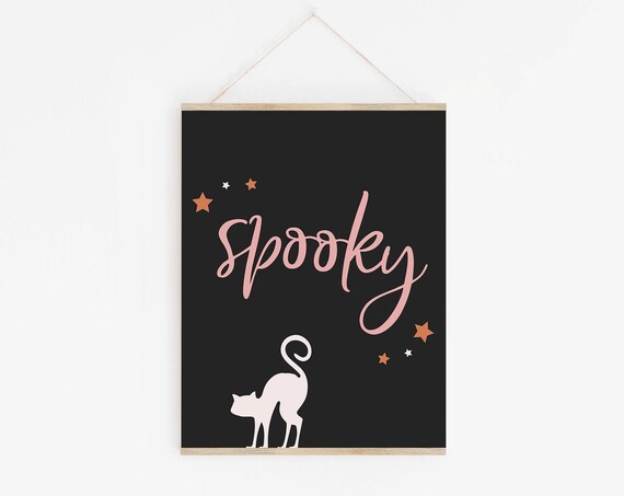 Spooky Pink Script Halloween Cat Silhouette Black Goth Wall Art