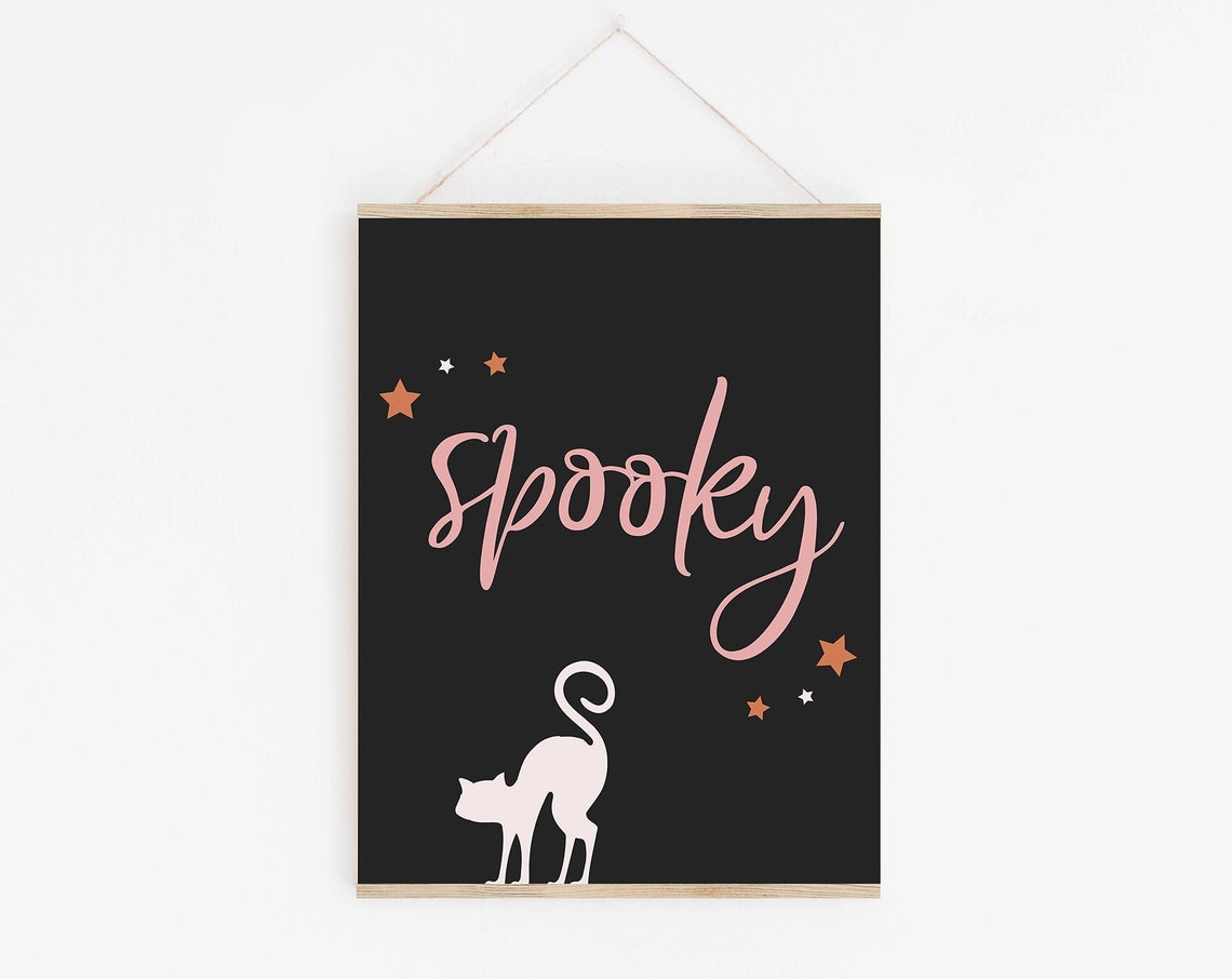 Spooky Pink Script Halloween Cat Silhouette Black Goth Wall Art