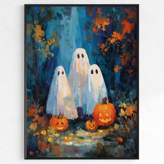 Spooky Halloween Poster Forest Scene Dark Print With Ghosts And Pumpkins In Haunted Woods