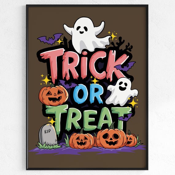 Trick Or Treat Halloween Wall Art Autumn Watercolor Print For Home Decoration Party Children Fall Llustration