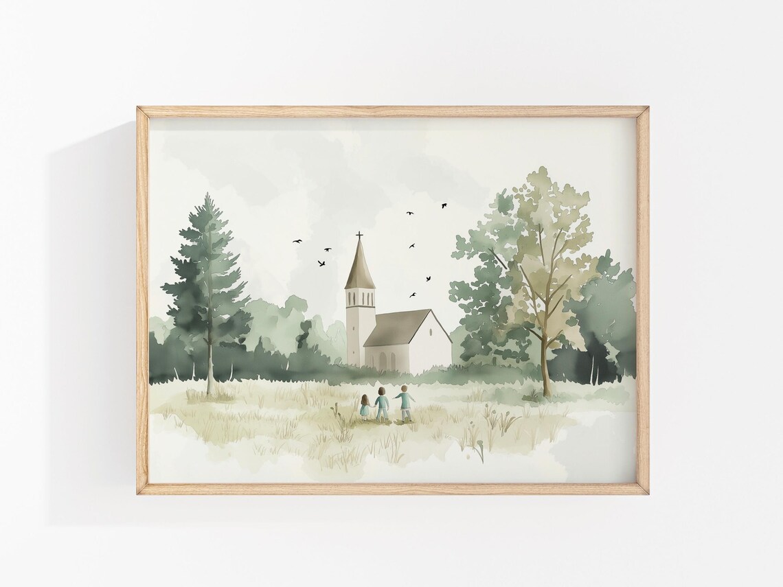 Country Church Meadow Watercolor Spring Landscape Children Art Print
