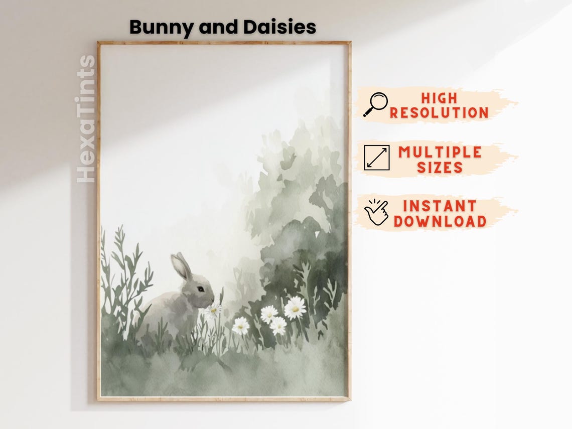 Bunny And Daisies Watercolor Cute Spring Nursery Animal Wall Art Print - Image 4