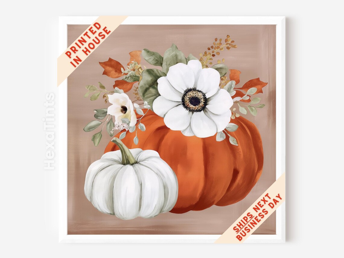 Autumn Pumpkins And White Flowers Botanical Print Cozy Fall Harvest Wall Decor - Image 4