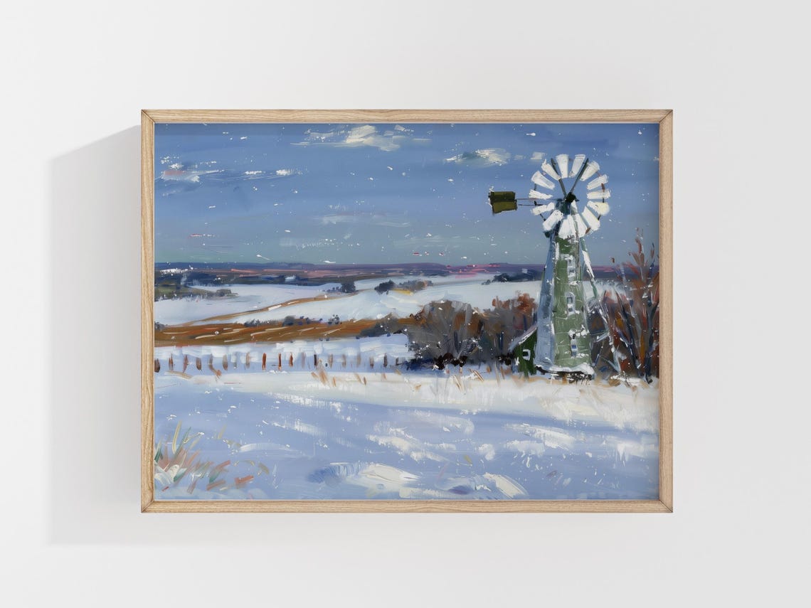 Winter Landscape, Windmill On A Farm