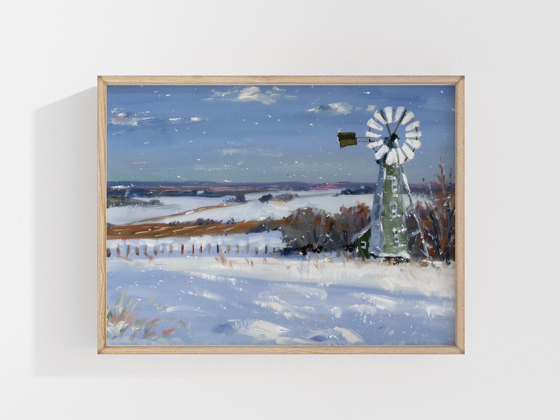 Winter Landscape With Windmill, Farm Scene
