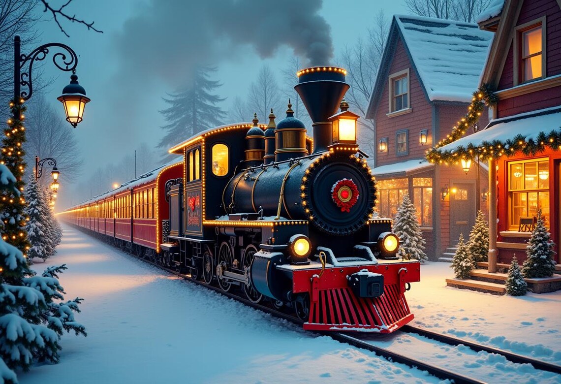 Vintage Christmas Steam Train Rolling Through a Snowy Village Poster