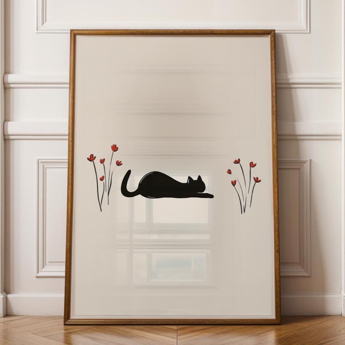Minimalist Black Cat Line Drawing, Zen Decor
