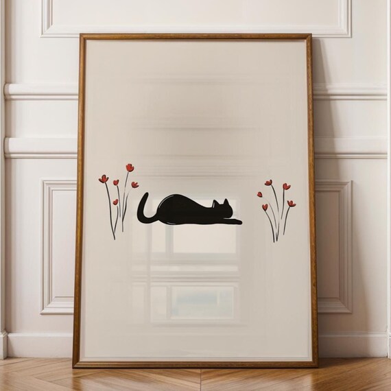 Minimalist Black Cat Line Drawing, Zen Decor