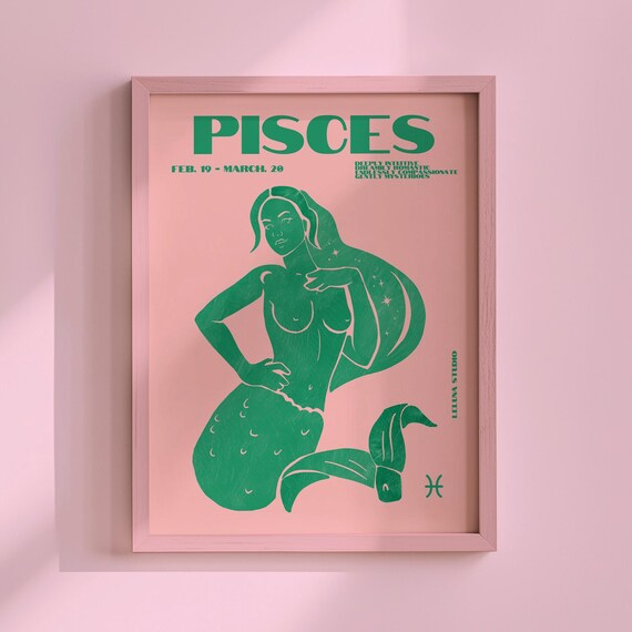 Pisces Zodiac Mermaid Goddess Green Retro Astrology Poster Feb March
