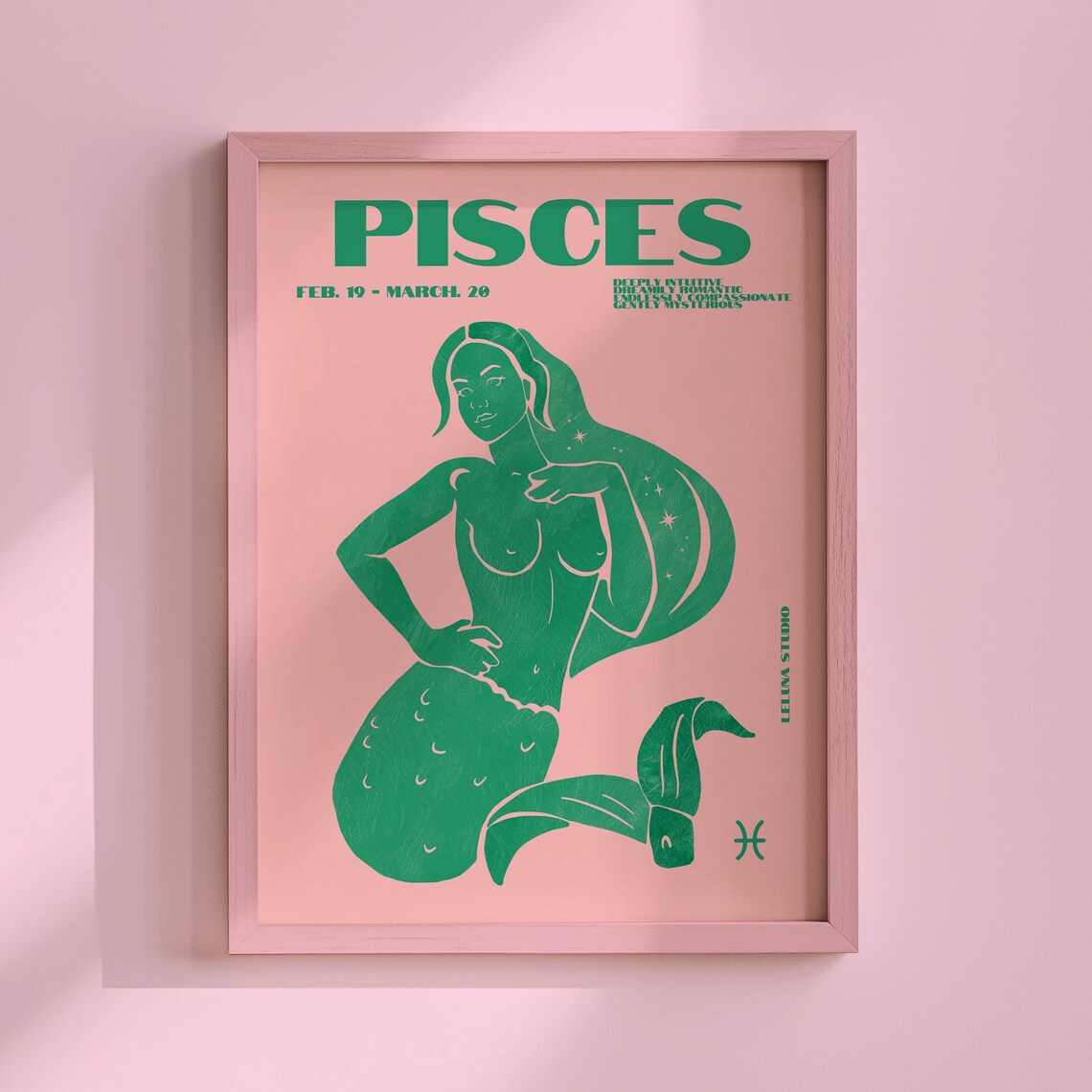 Pisces Zodiac Mermaid Goddess Green Retro Astrology Poster Feb March