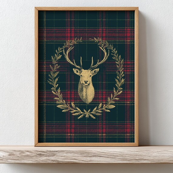 Deer Stag Head Plaid Tartan Vintage Christmas Cabin Holiday Poster