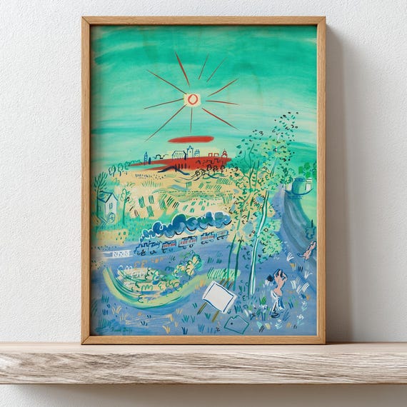Retro Whimsical Abstract Art Print French Landscape Poster Mid Century Modern Decor Hand Drawn Style Watercolor Painting