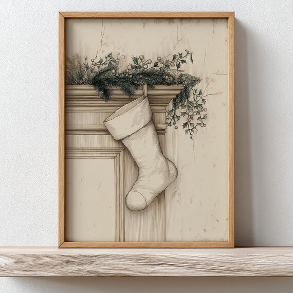 Vintage Christmas Stocking Sketch on Mantel with Holly Garland Poster