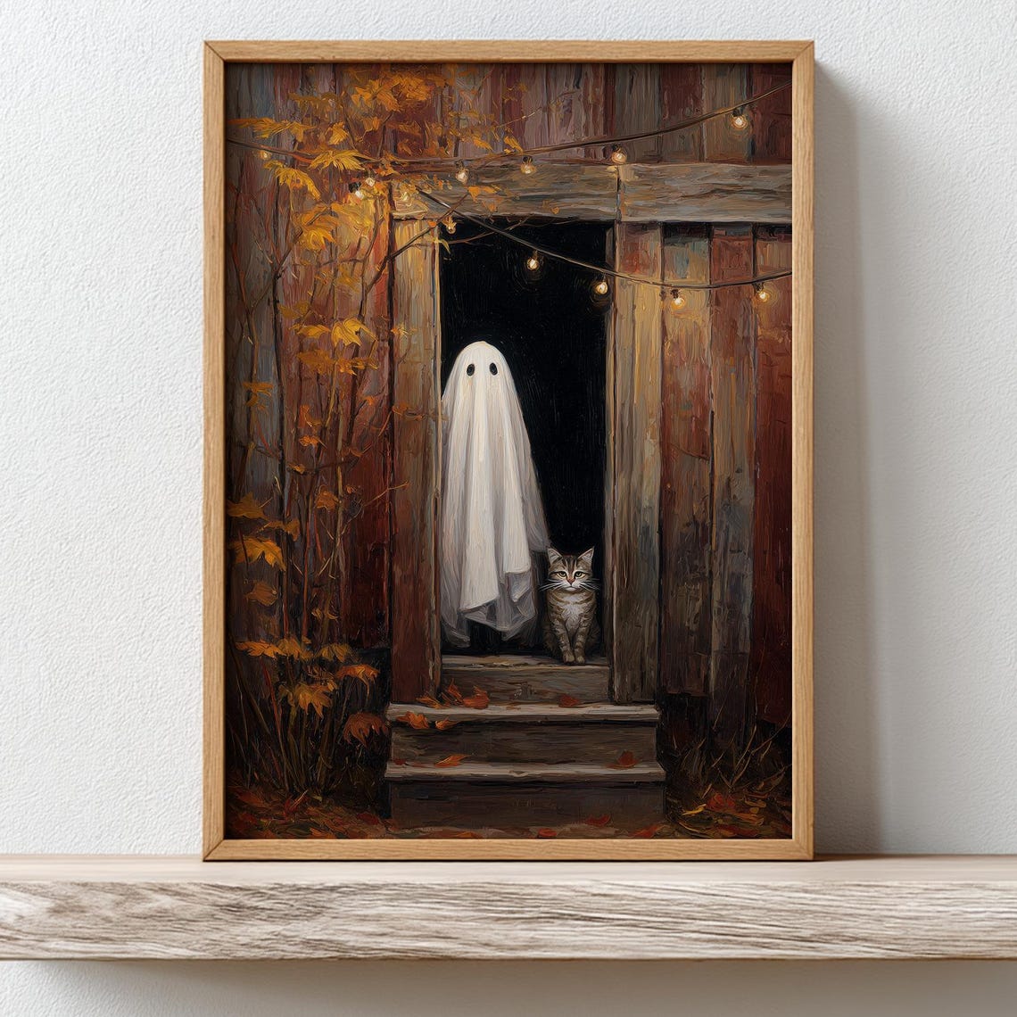Ghost Barn Doorway Tabby Cat String Lights Autumn Halloween Art Poster