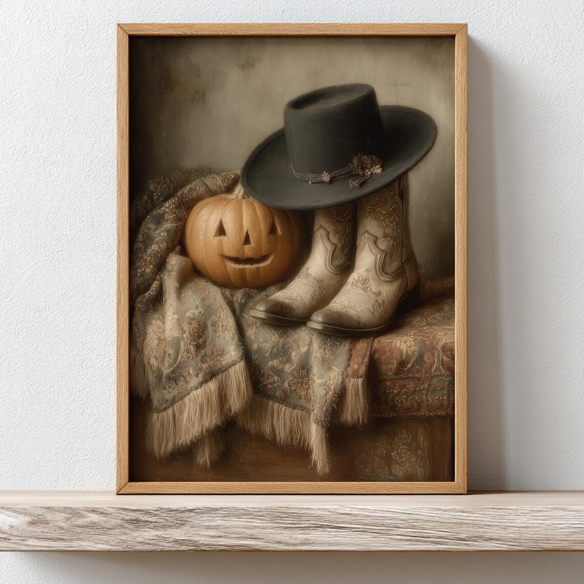 Cowboy Jack O Lantern Boots And Hat Rustic Halloween Still Life Poster