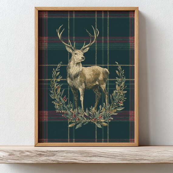 Standing Stag With Antlers on a Golden Wreath Green Tartan Poster