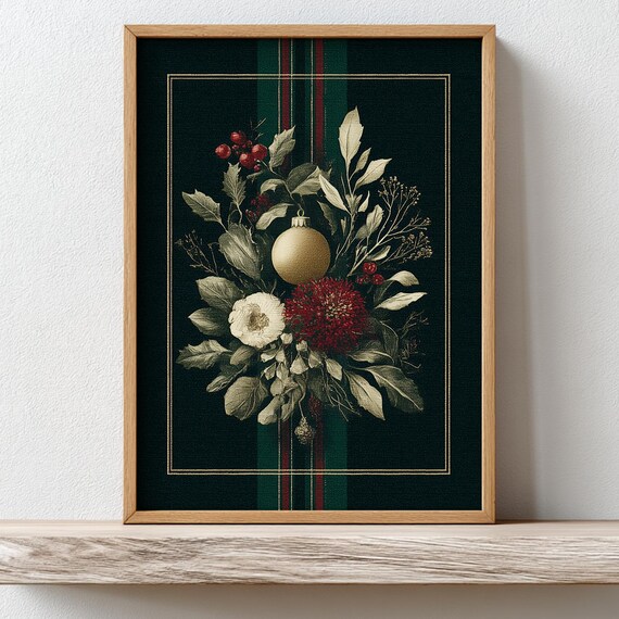 Elegant Vintage Tartan Holiday Floral With Gold Ornament Poster