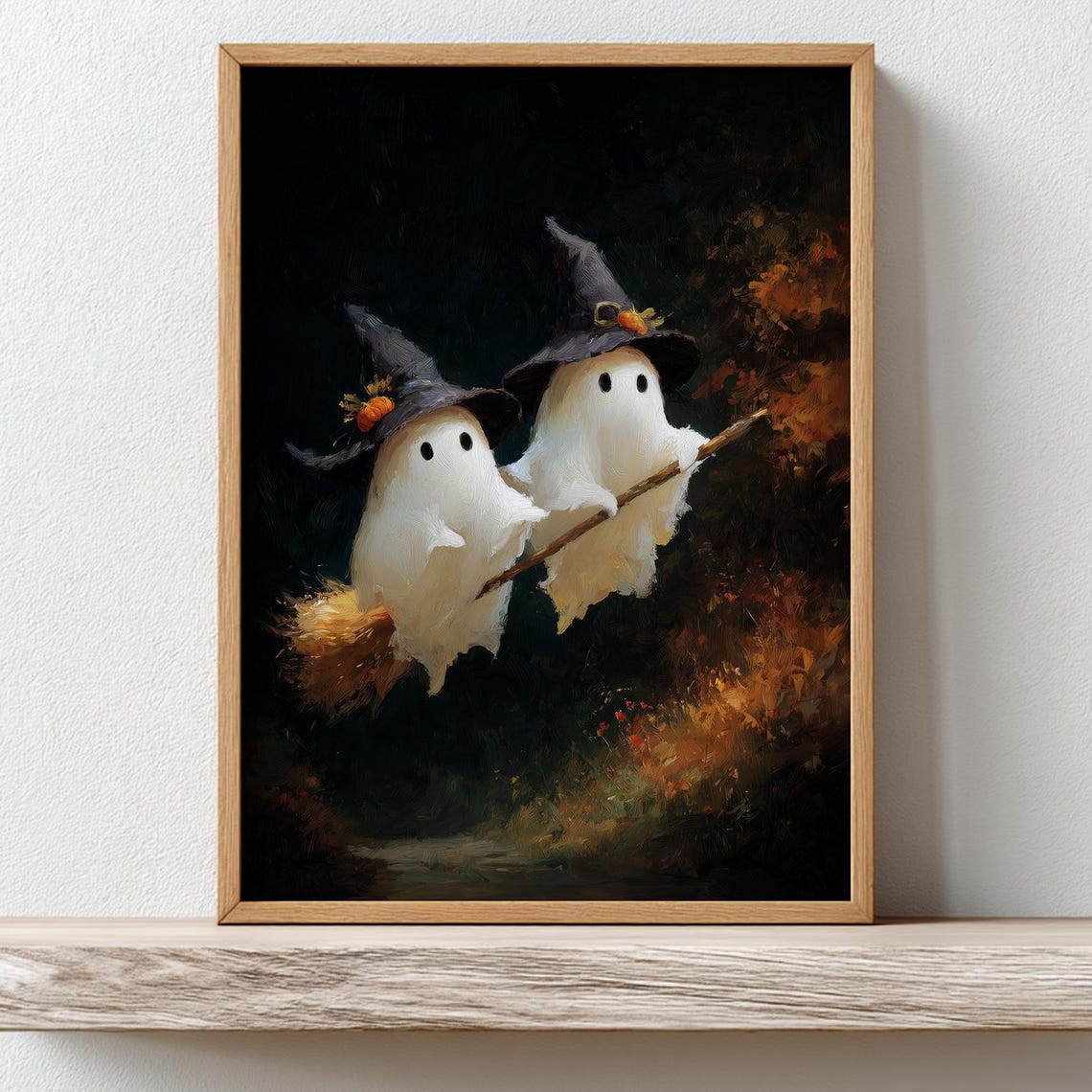 Cute Little Witch Ghosts Halloween Poster Kids Spooky Painting Decor