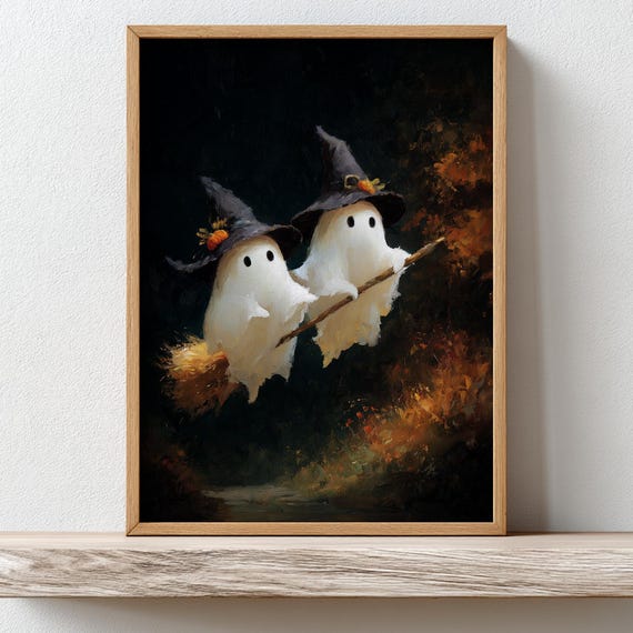 Cute Little Witch Ghosts Print Kids Halloween Wall Art Vintage Painting Adorable Spooky Nursery Decor Autumn Fall Poster