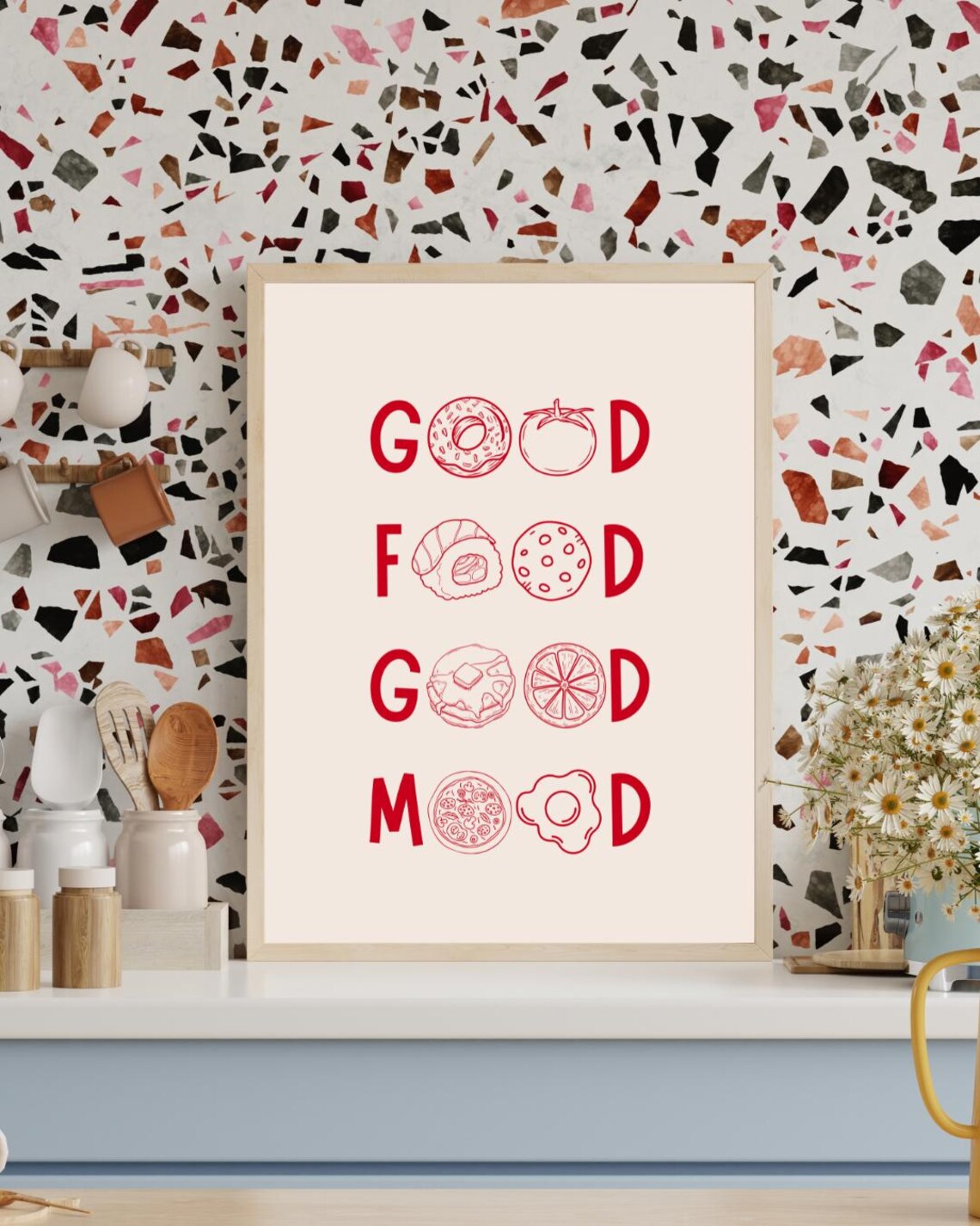 Good Food Good Mood Red Line Art Kitchen Food Icons Decor Poster
