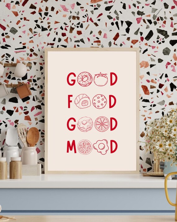 Good Food Mood Poster Red Line Art Kitchen Print