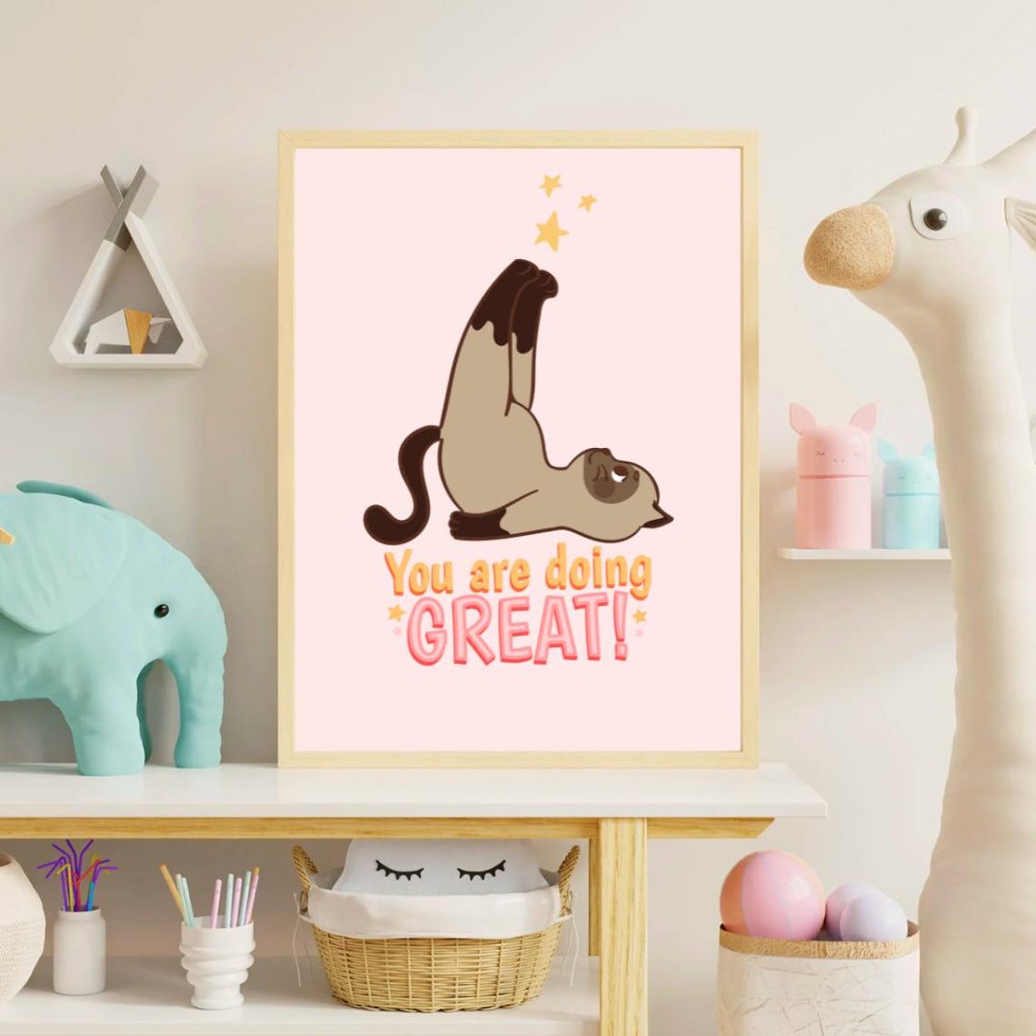 Funny Stretching Siamese Cat You Are Doing Great Quote Poster