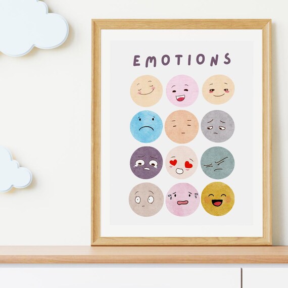 Kids Emotions Chart Twelve Cute Faces Classroom Nursery Art Poster