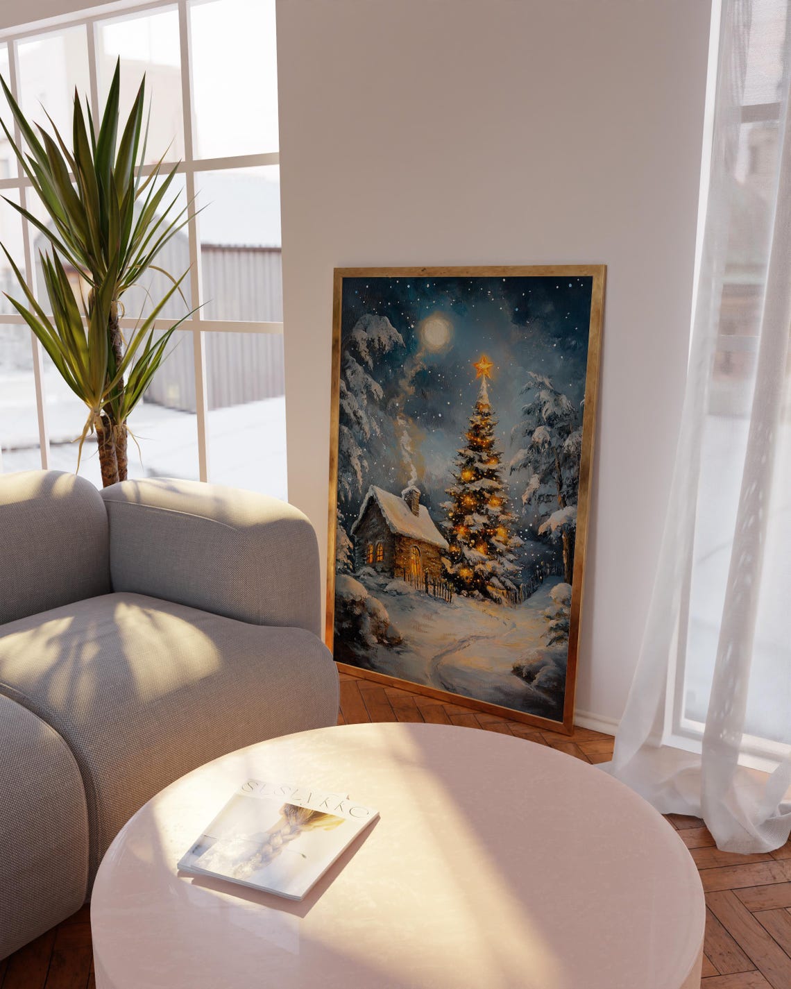 Snowy Cottage Winter Wonderland Lit Tree Moonlight Night Poster - Image 2