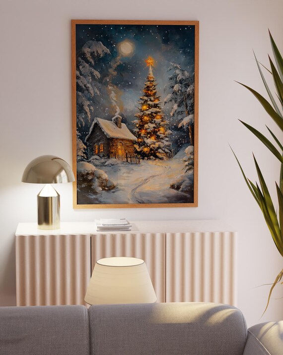 Snowy Cottage Winter Wonderland Lit Tree Moonlight Night Poster