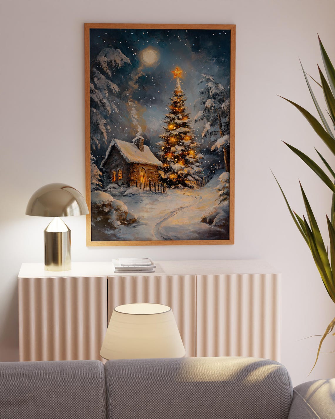 Snowy Cottage Winter Wonderland Lit Tree Moonlight Night Poster