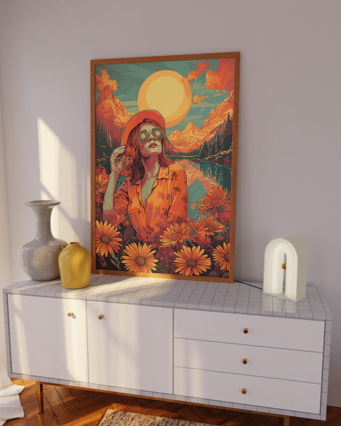 70s Woman Sun Hat Mountain Lake Sunset Retro Hippie Girl Wall Art - Image 3