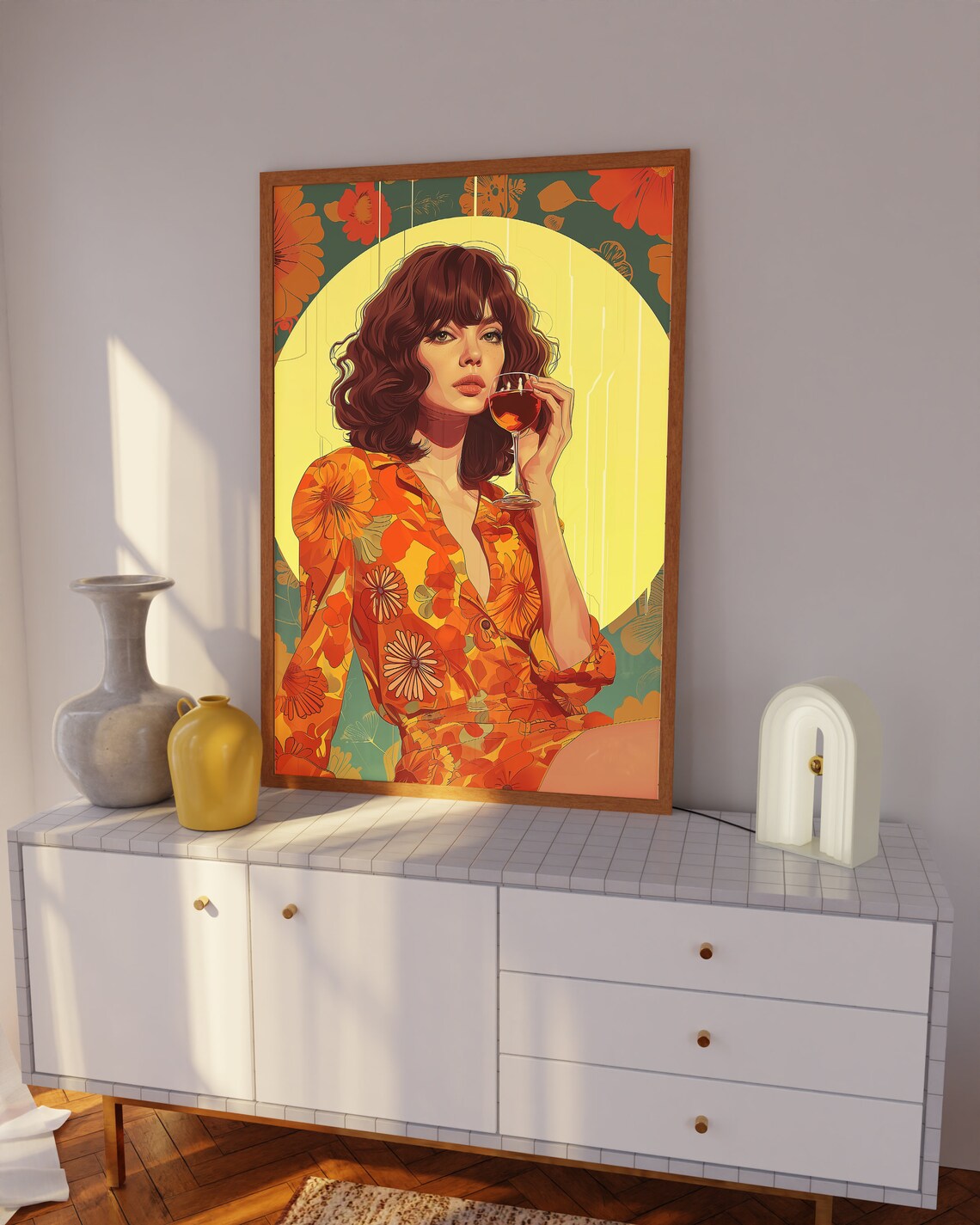 Retro Woman Sipping Wine Against Yellow Sun Circle Portrait Poster - Image 4