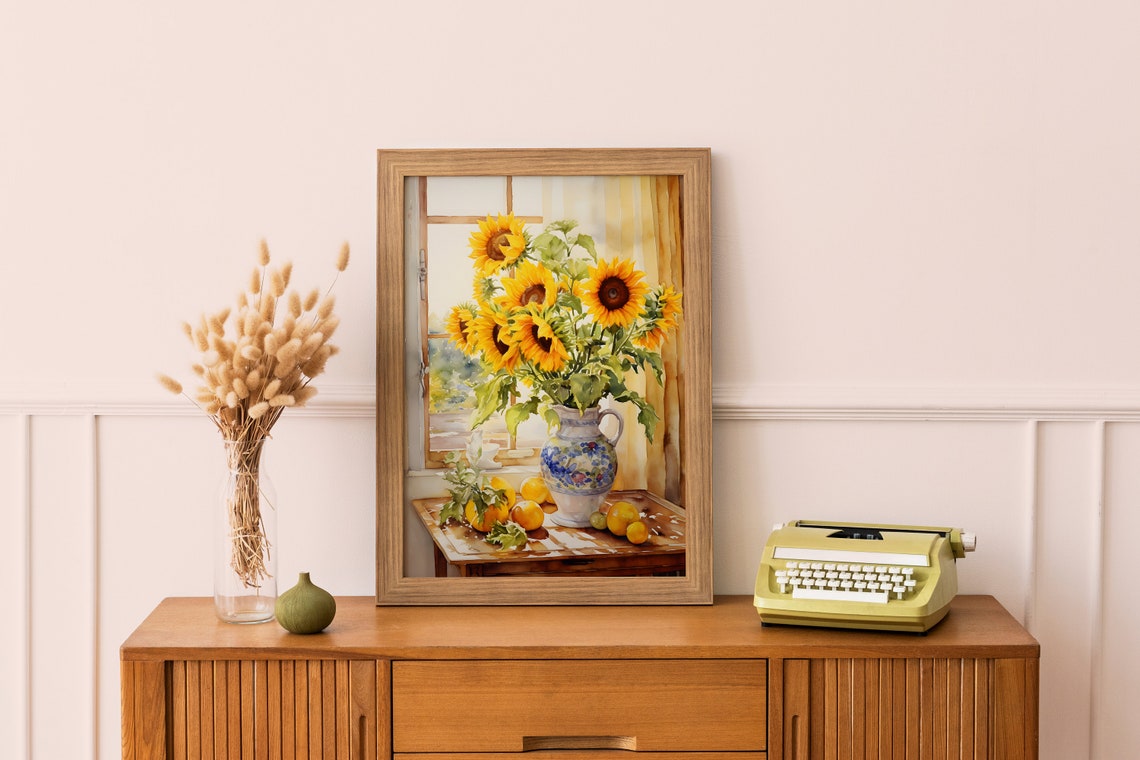 Sunflowers in Painted Vase by Window Watercolor Still Life Poster - Image 4