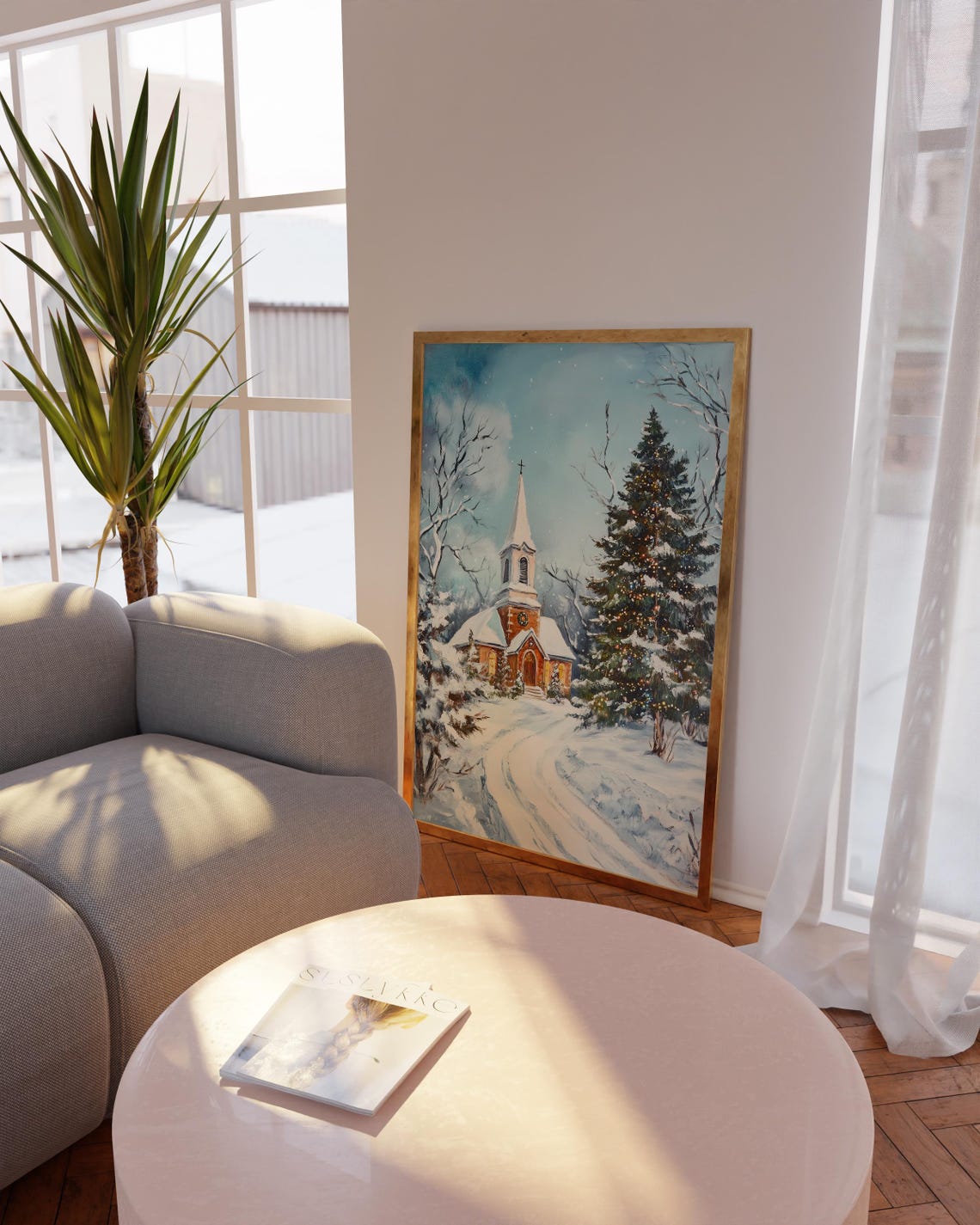 Snowy Christmas Church Chapel Winter Woodland Landscape Scene Poster - Image 3