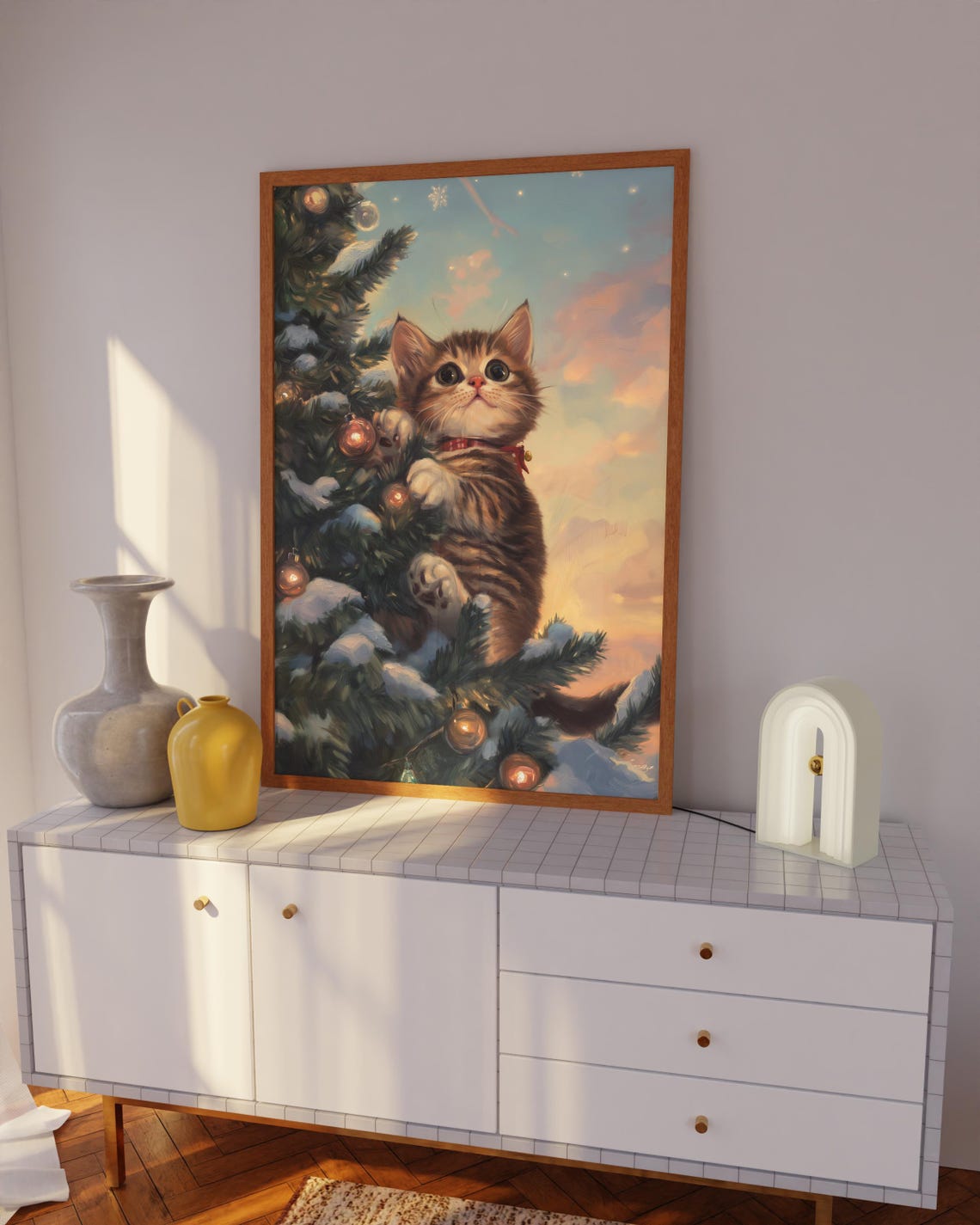 Tabby Kitten Climbing Snowy Christmas Tree Ornaments Wall Art - Image 3