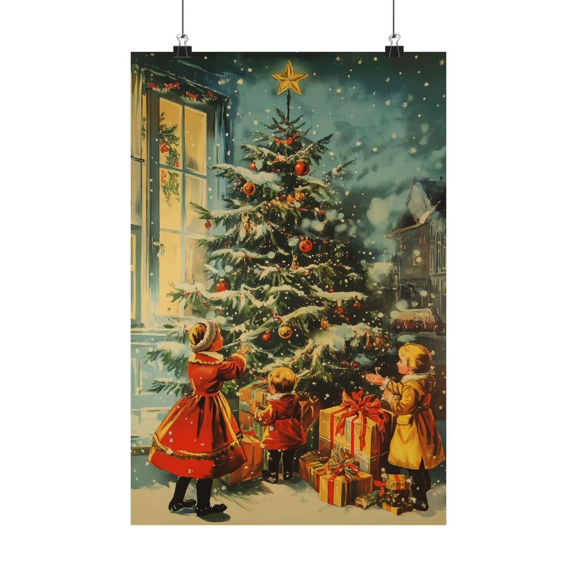 Vintage Christmas Children Around Tree Nostalgic Holiday Art Poster - Image 2