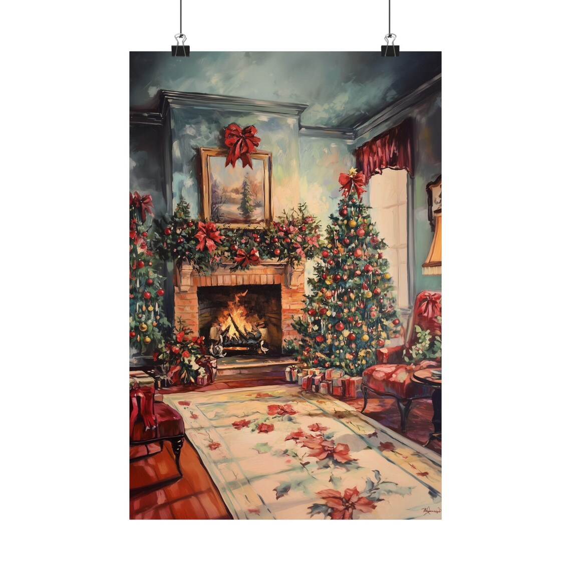 Cozy Vintage Christmas Living Room with Fireplace and Tree Painting Poster - Image 2