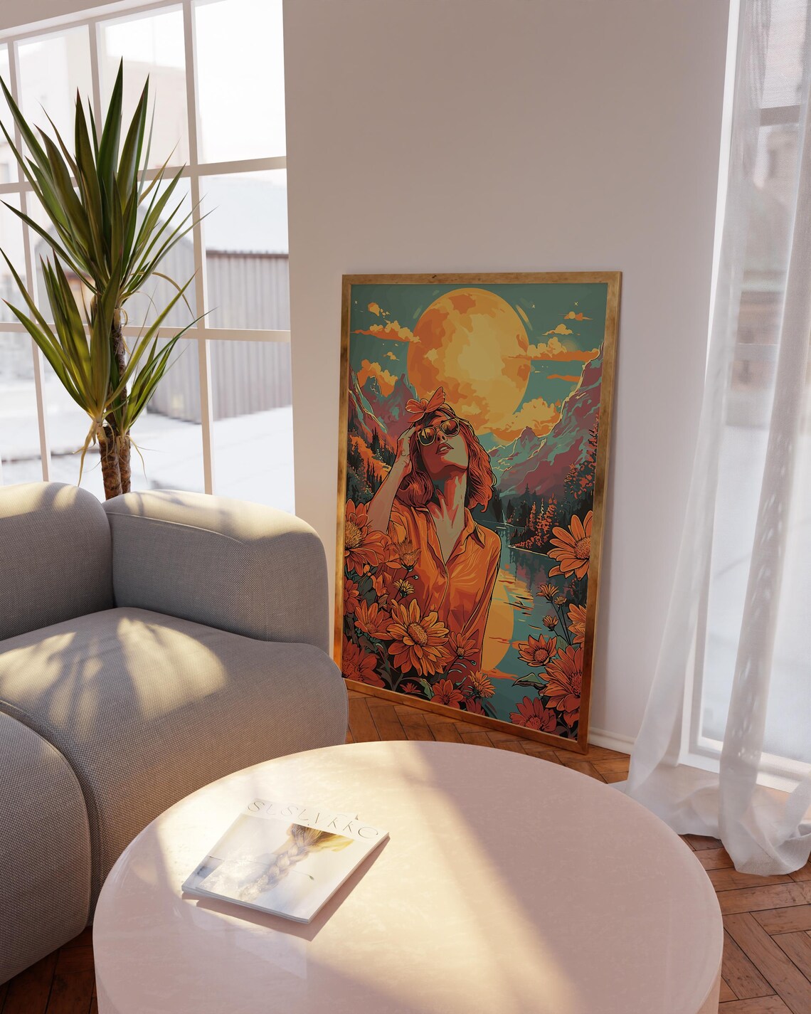 70s Woman Giant Sun Mountain Sunset Retro Hippie Girl Wall Art - Image 2