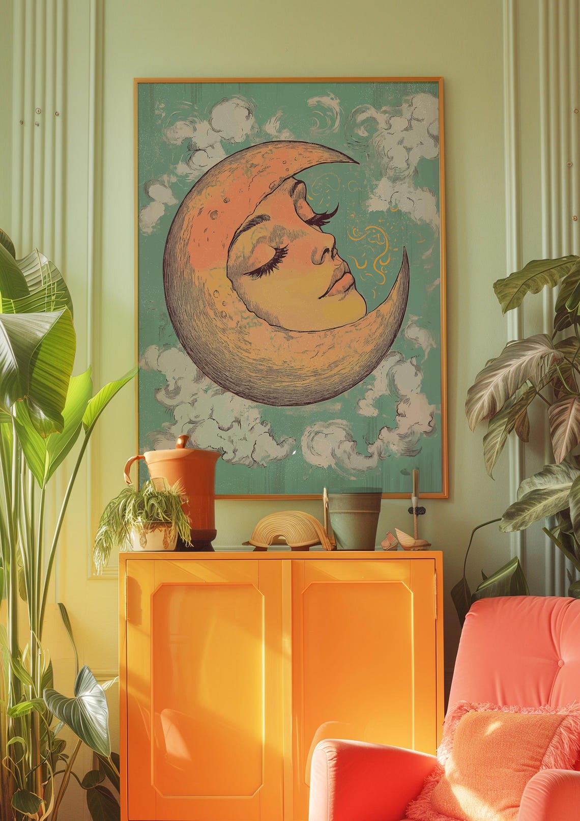 Vintage Celestial Crescent Moon Sleeping Face Bohemian Wall Art - Image 3