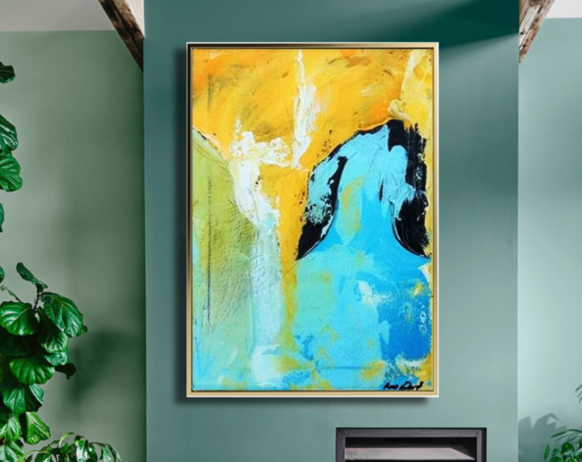 Abstract Yellow and Blue Oil Painting, Wall Art Print