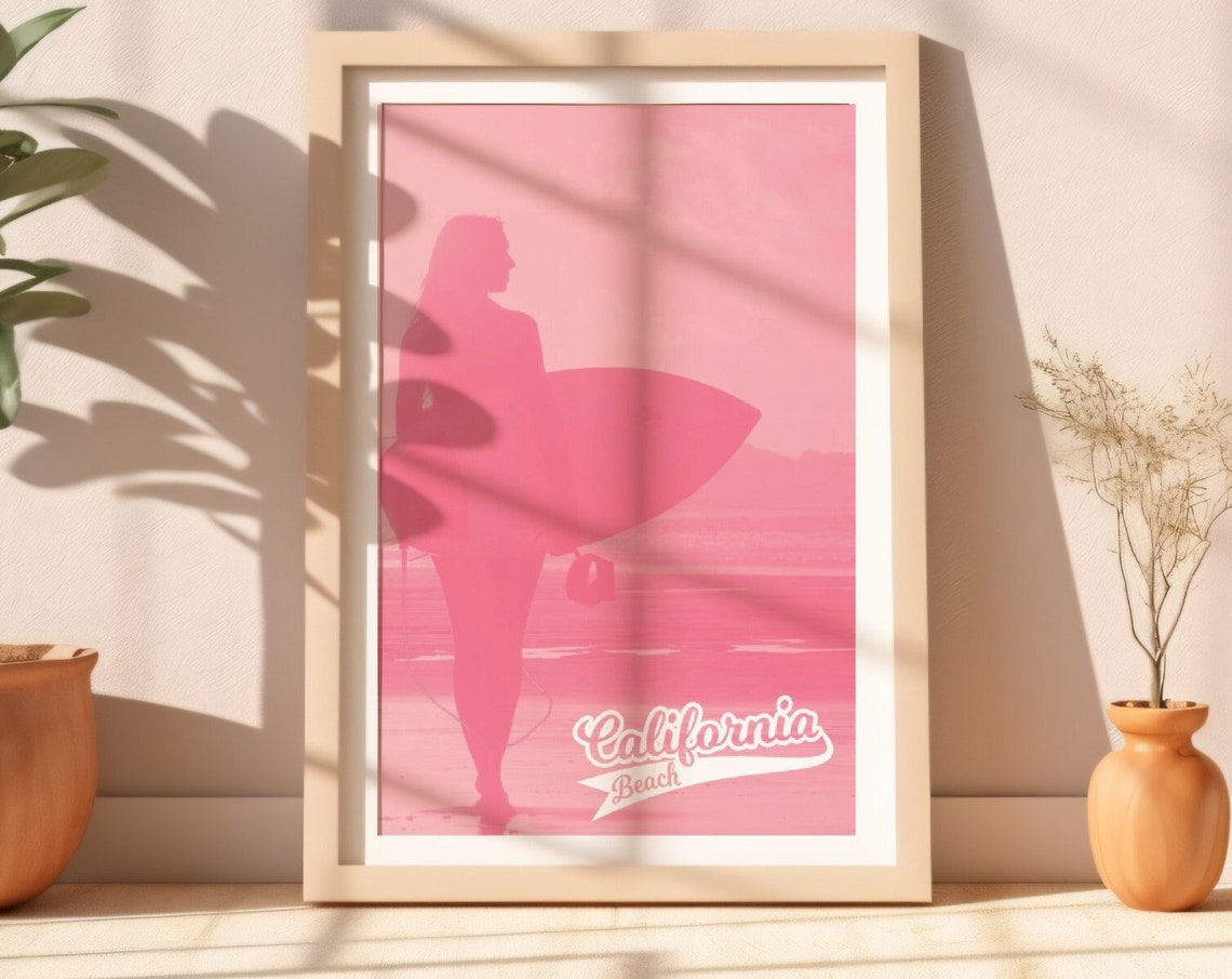 California Beach Pink Surf Girl Poster Surfer Silhouette Summer Decor - Image 3