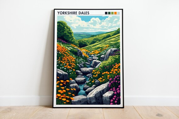 Yorkshire Dales Travel Poster Spring Wildflower Hills Retro England